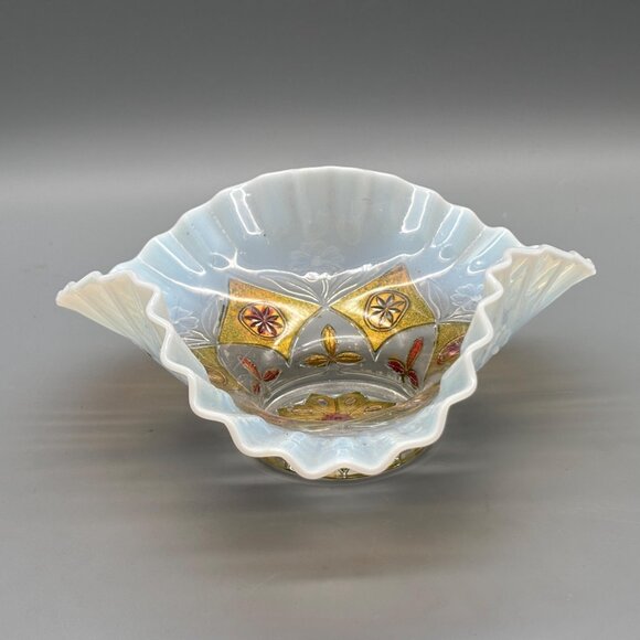 Antique Goofus Glass Bowl Opalescent Ruffled Edge Hand Painted Red Gold Floral - Picture 2 of 8